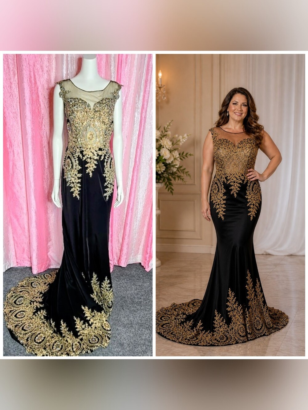 Tony Bowls Evenings Gold Rhinestone Black Satin Embroidered Gown Size 10